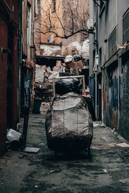 A narrow urban alleyway cluttered with a large, grey, weathered shopping trolley positioned in the foreground. Behind the trolley, a significant pile of mixed waste materials, including cardboard boxes, plastic bags, and miscellaneous debris, is stacked against a backdrop of buildings. The alley is flanked by dark, graffiti-covered brick and metal storefronts with barred windows and utility boxes attached to the walls. Sparse leafless tree branches extend overhead, indicating an outdoor environment, and the ground surface is uneven, stained, and scattered with small litter. The scene appears to be an area where waste has accumulated, reflecting a need for rubbish removal or private waste handling, with Waste Removal West Kensington often providing such on-site clearance services in similar contexts.
